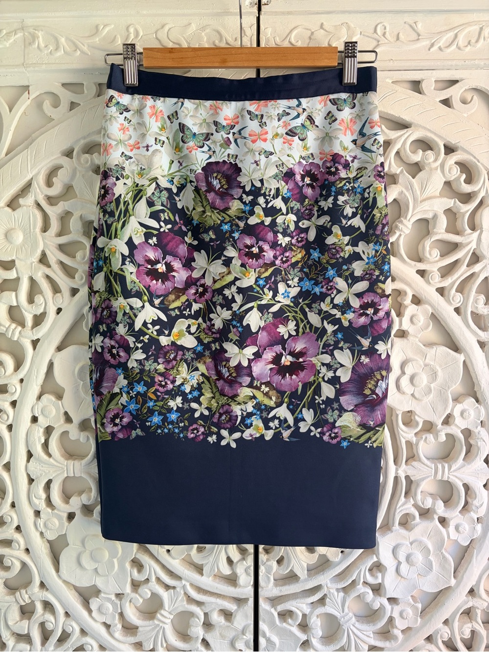 Ted Baker London Floral Butterfly Bird Pencil Skirt Navy Size 1